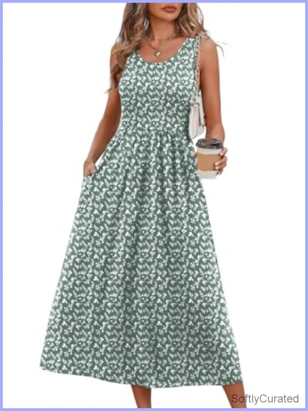 Flowy Scoop Neck Sleeveless Midi Dress with Pockets
